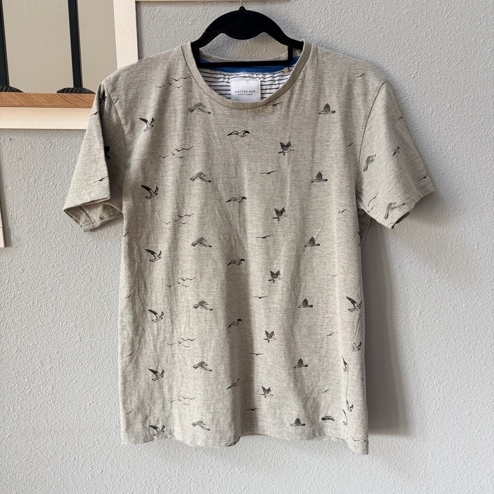 Beige Graphic Tee with Bird Print